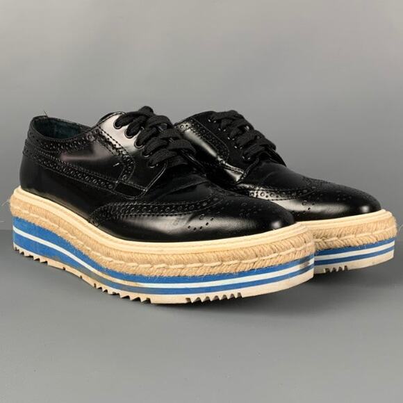 PRADA Size 6.5 Black White Blue Perforated Wingtip Shoes - Picture 2 of 8